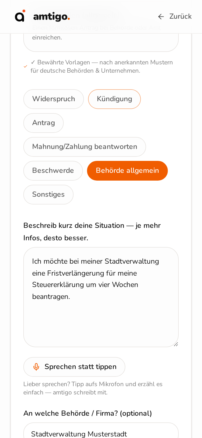 Echte amtigo Eingabeansicht mit einem neutralen Antrag auf Fristverlängerung